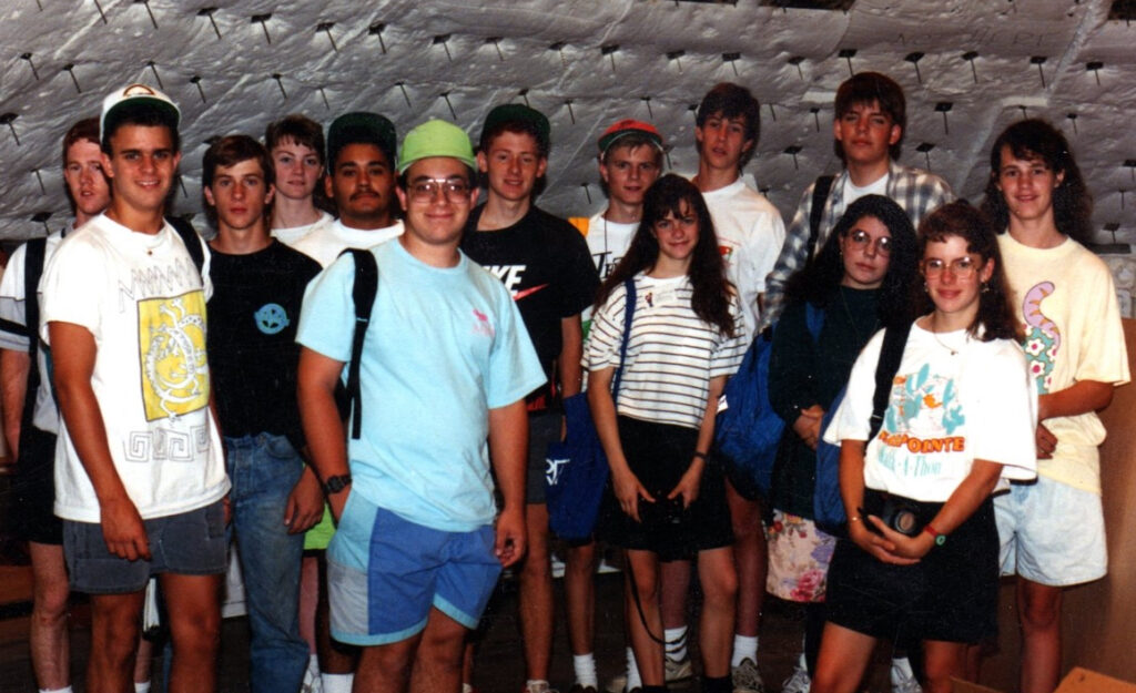 Advanced Teen Camper s(1990) inside the furnace at the Mirror Lab. Mark Macias is fifth from left.